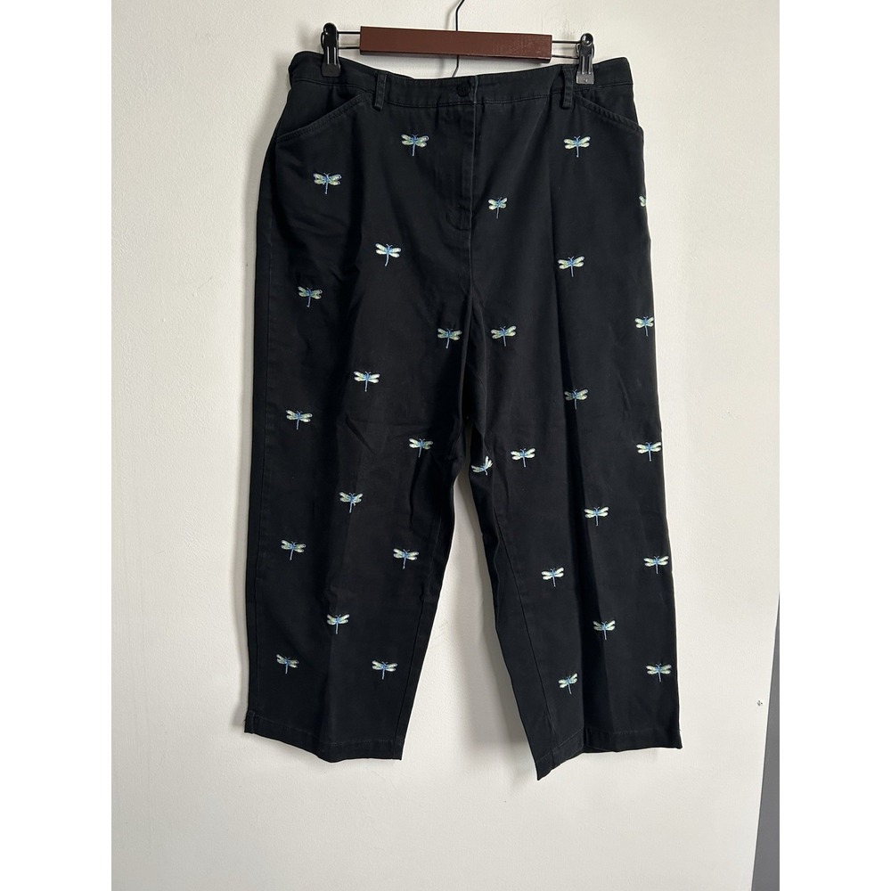 Appleseed's Women's Size 16 Black Dragonfly Embroidered Caprs Pockets High Waist